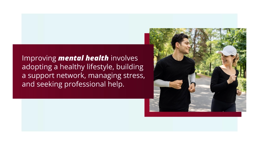 Improving mental health involves adopting a healthy lifestyle, building a support network, managing stress, and seeking professional help.
