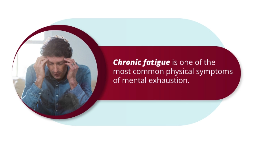 Illustration depicting a tired person surrounded by swirling thoughts, symbolizing mental exhaustion.