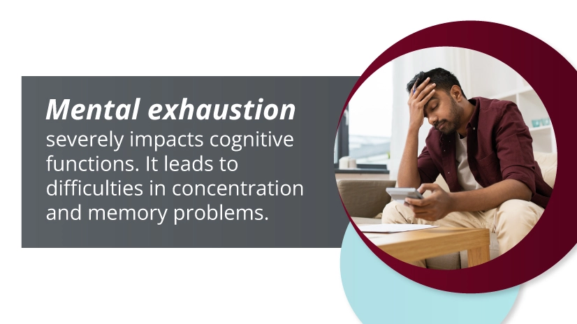 A person feeling mentally exhausted, resting with a hand on their forehead. with visuals around it