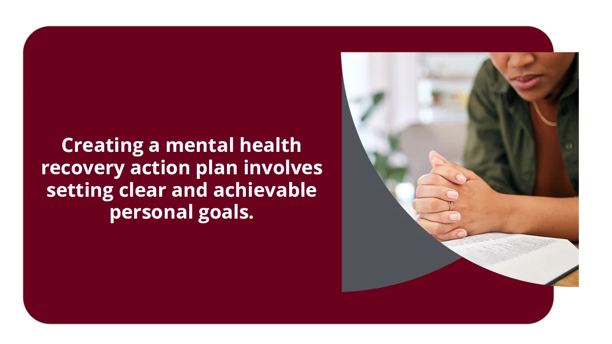 A colorful infographic showing the steps of a mental health recovery action plan, including therapy sessions, self-care practices, and support networks. 