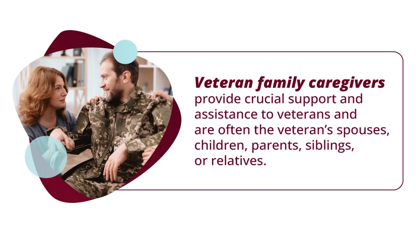 A veteran family caregiver sharing a laugh with an elderly veteran highlights the emotional connection.