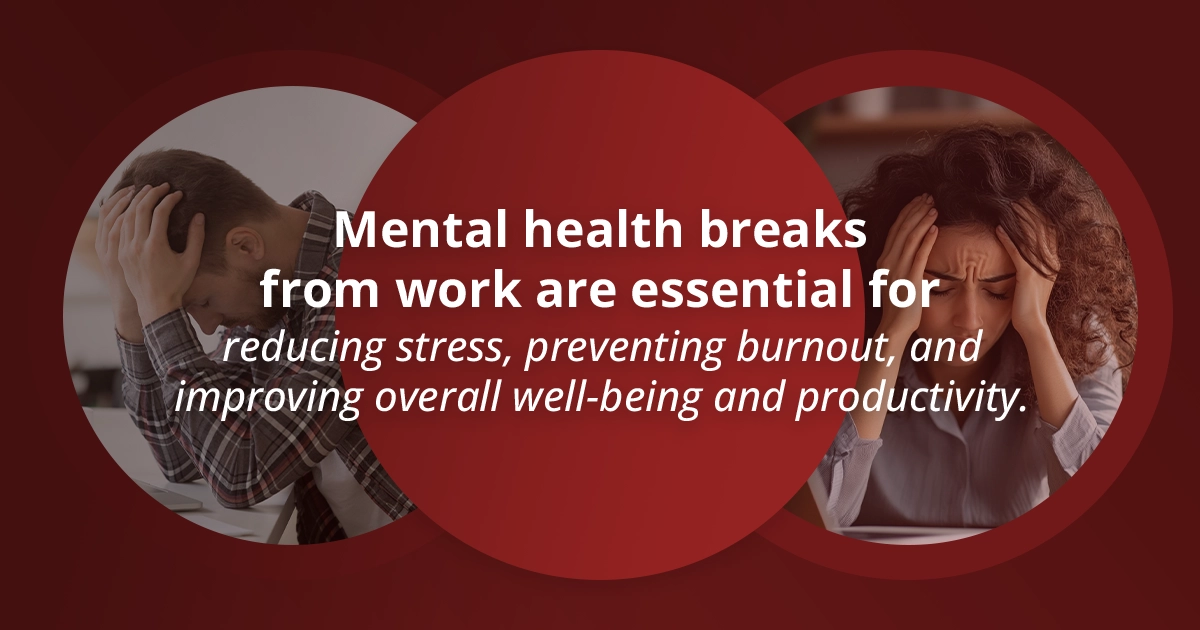 Mental health breaks from work are essential for reducing stress, preventing burnout, and improving overall well-being and productivity.
