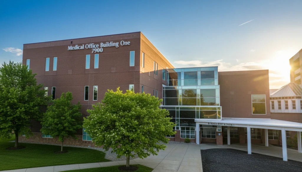 Front exterior of the Indiana Center for Recovery - Fort Wayne location in a brick medical office building with large glass windows, trees and landscaping in front, and a covered entrance under a clear blue sky.