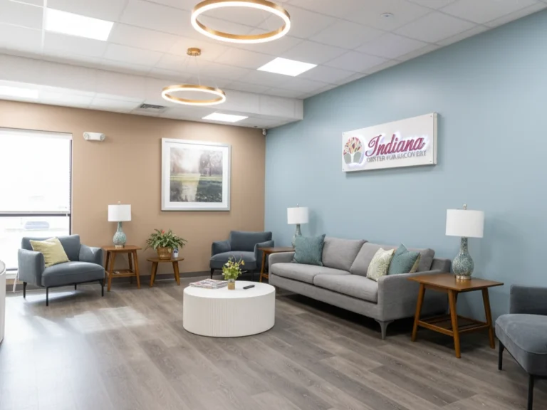 Indiana Center for Recovery - Fort Wayne lobby with a gray sofa, blue accent wall and ICFR sign, matching armchairs, wood side tables with lamps, and a round white coffee table under modern ring lights.