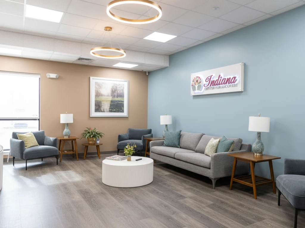 Fort Wayne Indiana Center for Recovery lobby with a gray sofa, blue accent wall and ICFR sign, matching armchairs, wood side tables with lamps, and a round white coffee table under modern ring lights.