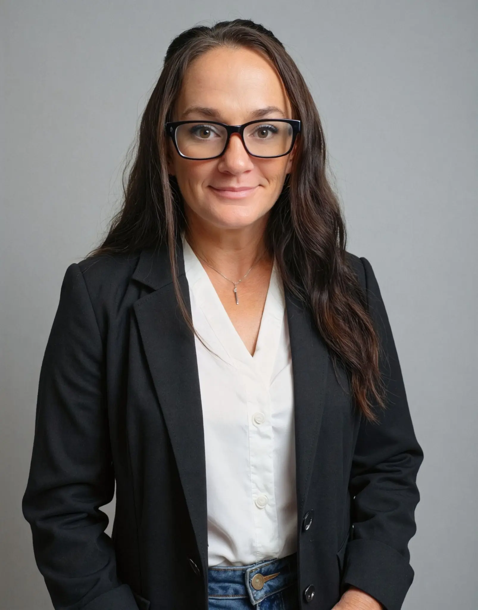 Professional headshot of a woman wearing glasses, a black blazer, and a white blouse, smiling slightly against a clean, neutral gray background.