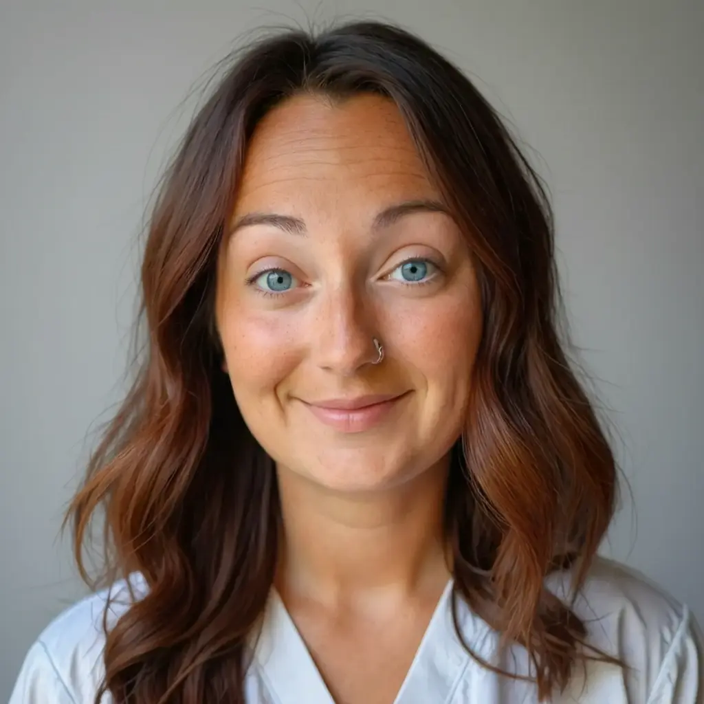 Portrait of a woman with wavy brown hair and blue eyes, smiling softly at the camera, wearing a white top against a dark background.
