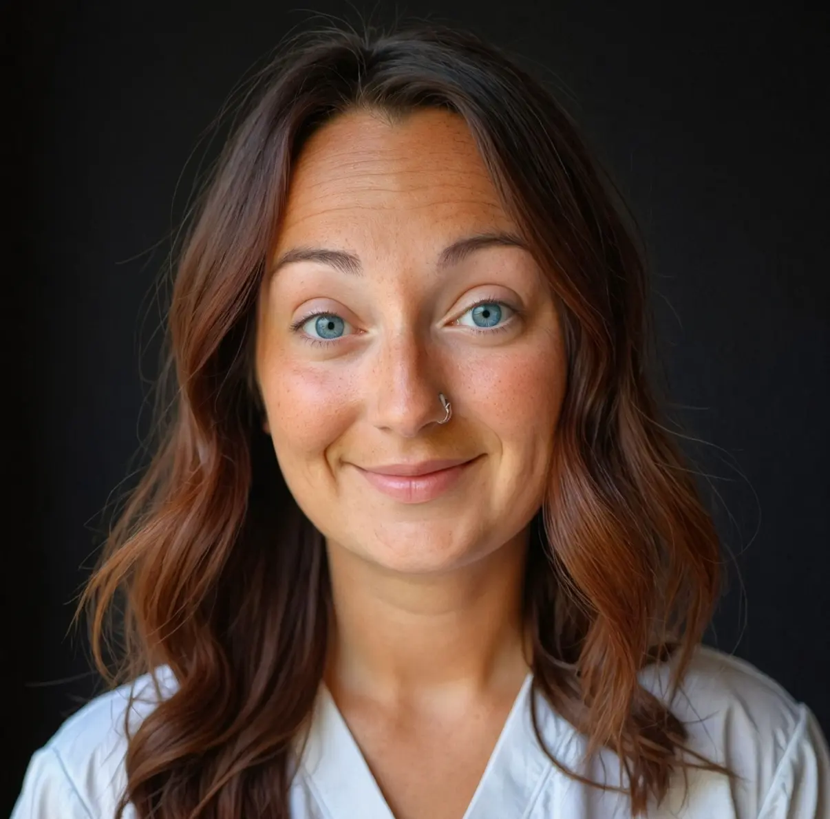 Portrait of a woman with wavy brown hair and blue eyes, smiling softly at the camera, wearing a white top against a dark background.