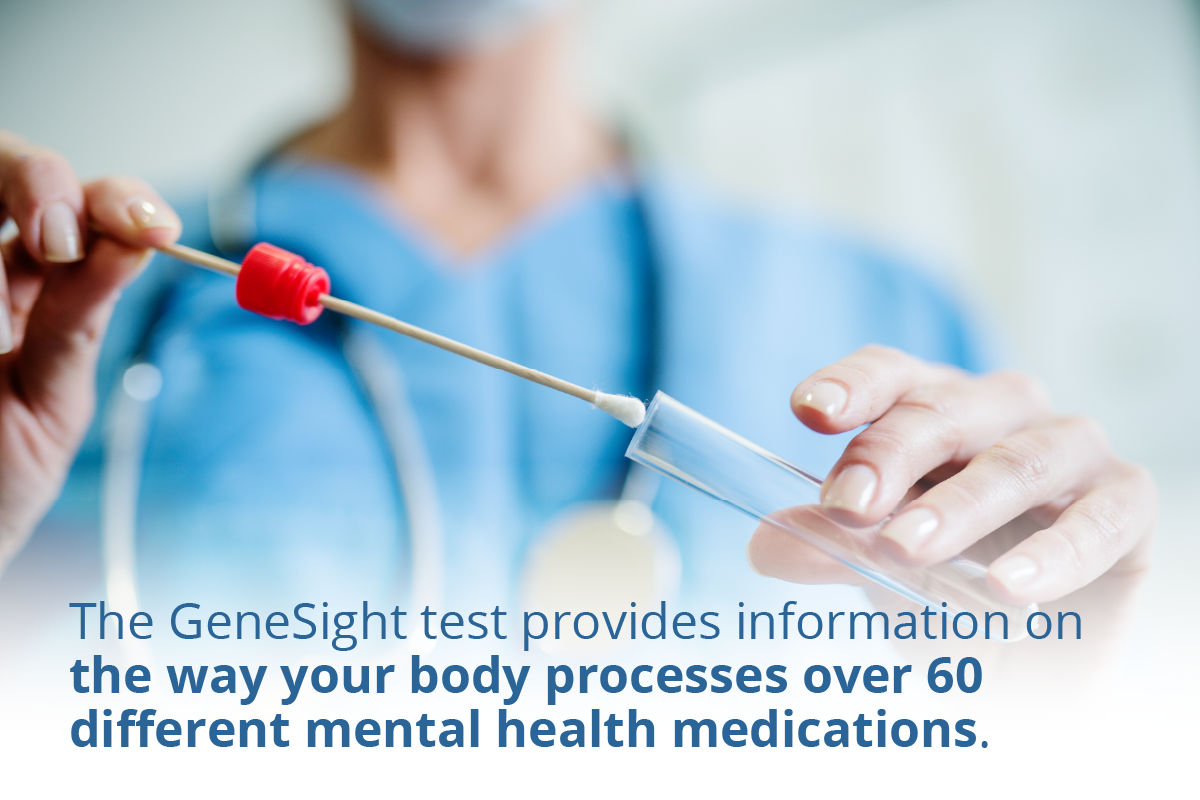 “A healthcare professional in blue scrubs holding a cotton swab sample collection stick and a clear test tube. The swab is being carefully inserted into the test tube, illustrating the collection of a genetic sample for the GeneSight test. The image highlights the test's purpose of providing information on how an individual's body processes over 60 different mental health medications.