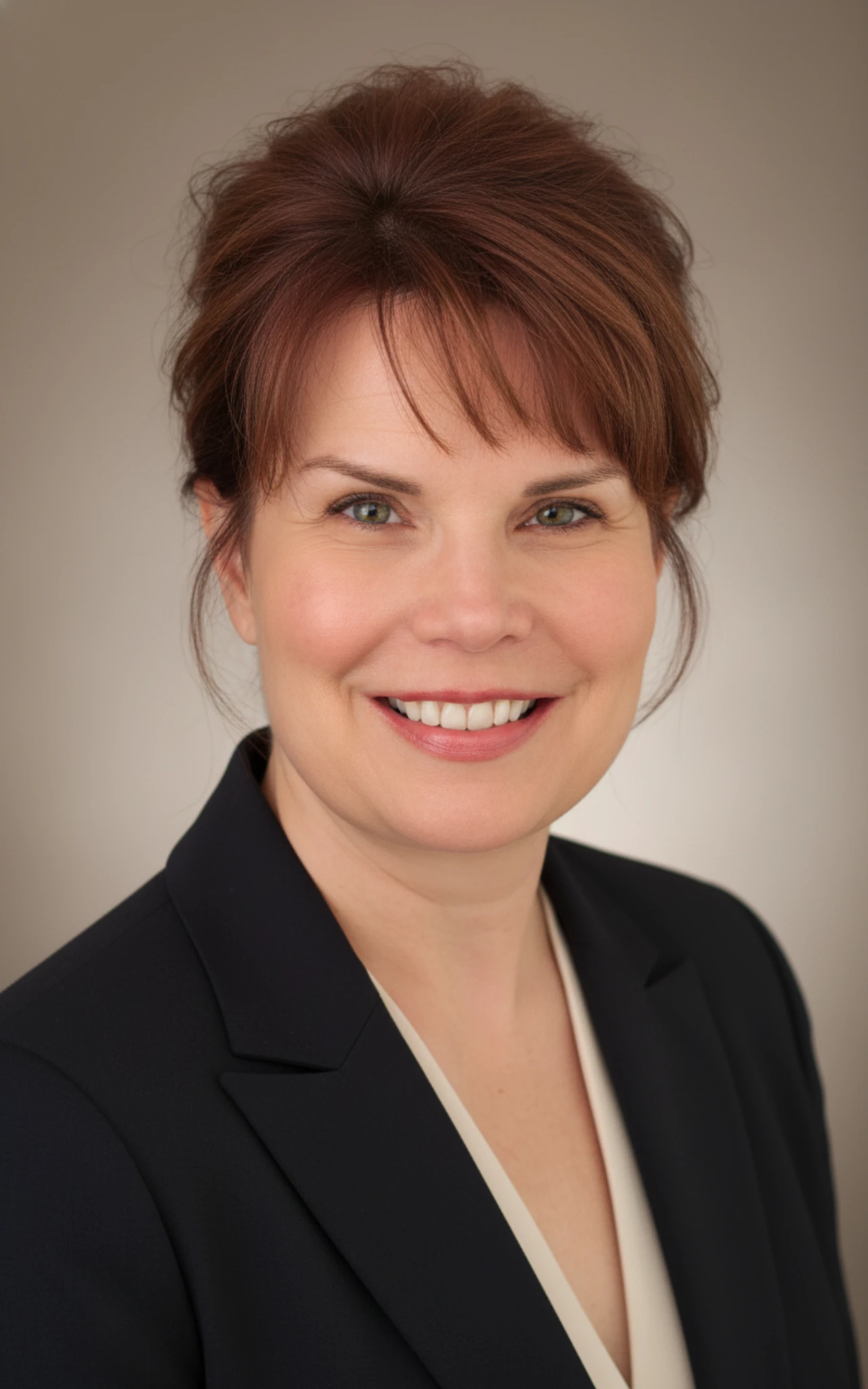 Professional headshot of a smiling woman with auburn hair styled up, wearing a black blazer over a light blouse against a neutral background.