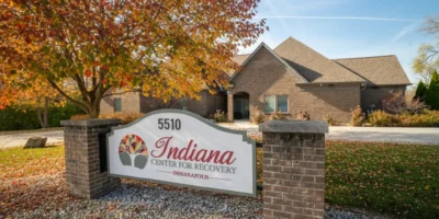 Front entrance of the Indiana Center for Recovery in Indianapolis, with the facility’s main sign reading “5510 Indiana Center for Recovery” surrounded by fall foliage.