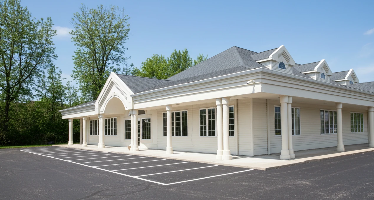 Side view of a large white rehab facility building with a covered portico, multiple windows, and an empty parking lot in front, surrounded by green trees under a clear blue sky.