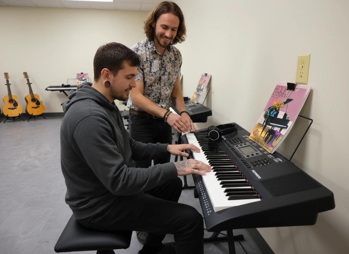 music therapist working with patient on piano