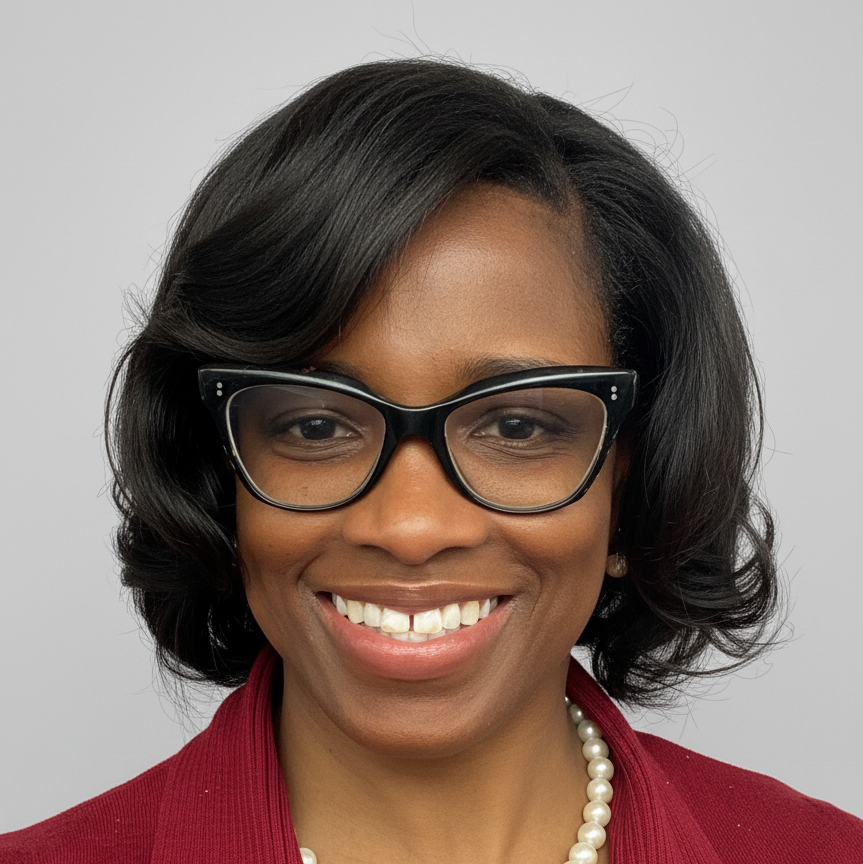 Professional headshot of a smiling woman wearing black glasses, a red blazer, and a pearl necklace against a light gray background.