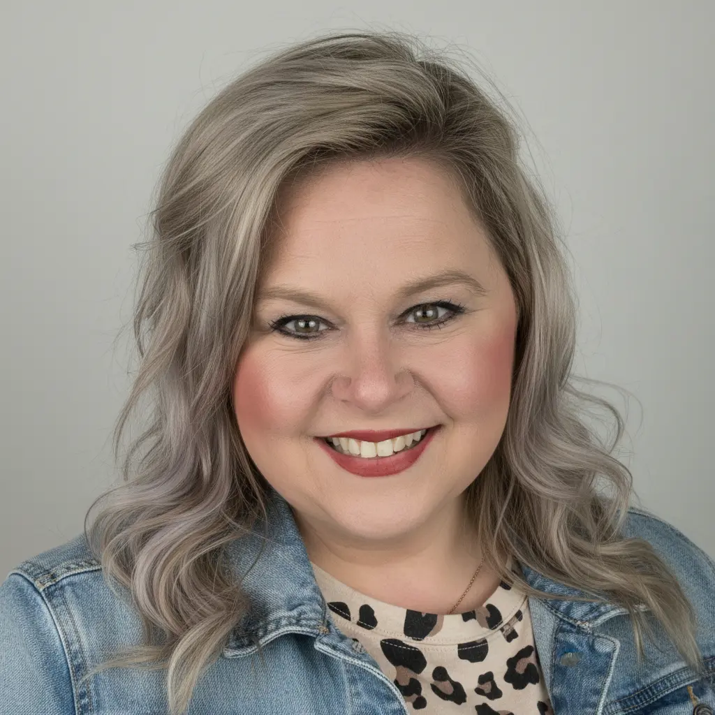 Smiling woman with shoulder-length wavy blonde hair wearing a denim jacket and patterned top against a neutral background.