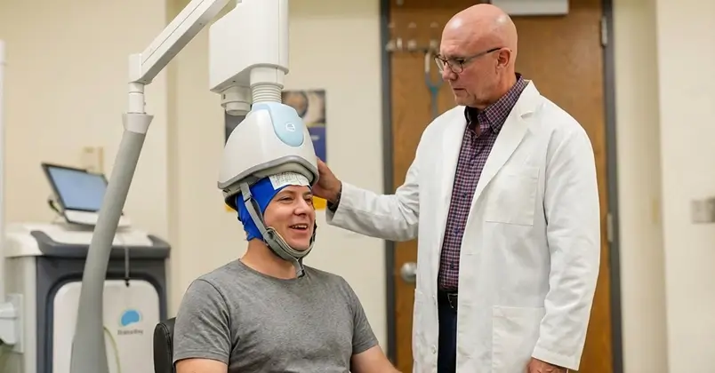 Patient sits in a chair. The device is placed on the head